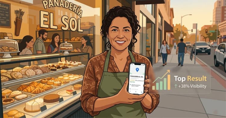 What Is Local SEO? A Complete Guide for Small Businesses 5 Smiling bakery owner stands outside “PANADERÍA EL SOL” holding a phone that shows her business listing. A visibility graphic reads “Top Result” and “↑ +38% Visibility,” showing local SEO helping a neighborhood bakery appear more prominently in search.