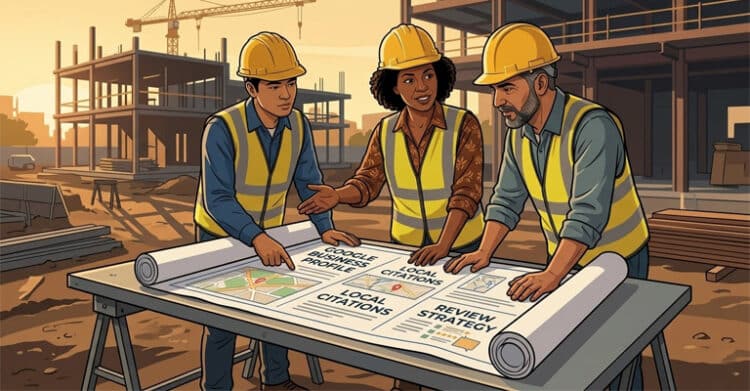What Is Local SEO? A Complete Guide for Small Businesses 6 Three construction professionals in hard hats review blueprints at a job site with text that reads “GOOGLE BUSINESS PROFILE,” “LOCAL CITATIONS,” “REVIEW STRATEGY,” and “LOCAL CITATIONS.” The scene uses a building under construction to represent local SEO as a structured process for improving visibility for local businesses.