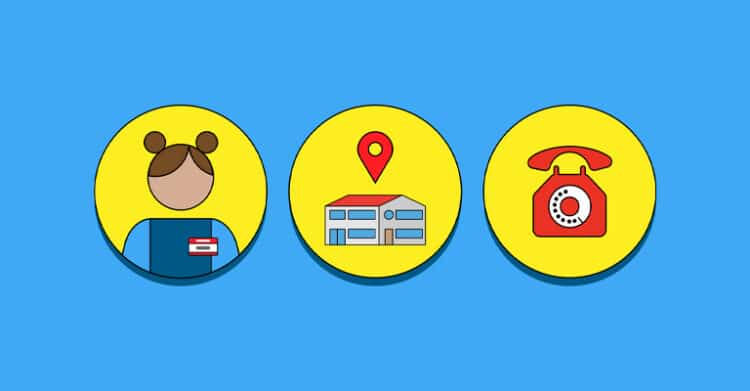 What Is Local SEO? A Complete Guide for Small Businesses 8 Three circular icons show a person with a name tag, a storefront with a location pin, and a red telephone on a blue background. The simple graphic represents core local SEO signals like business identity, physical location, and contact information.