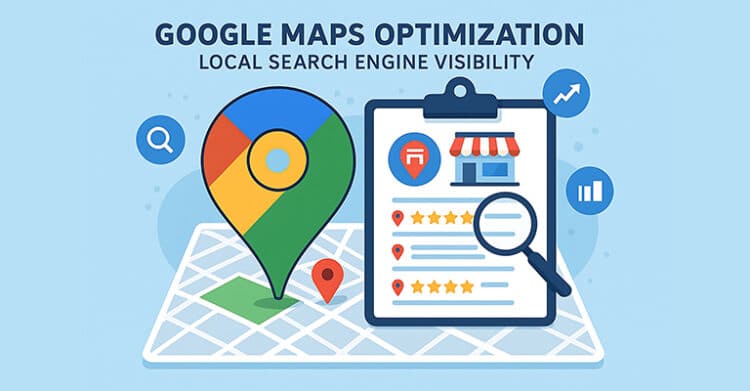 What Is Local SEO? A Complete Guide for Small Businesses 9 Graphic with the text “GOOGLE MAPS OPTIMIZATION” and “LOCAL SEARCH ENGINE VISIBILITY” above a map pin, folded map, and clipboard showing a business listing with star ratings. The illustration represents local SEO through Google Maps, business profile visibility, and local search performance tracking.