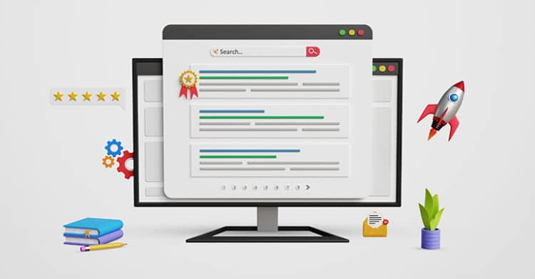 What Is Local SEO? A Complete Guide for Small Businesses 10 Computer monitor displays a search results page with a ribbon badge beside the top listing and five gold stars floating to the left. A rocket, books, gears, envelope, and plant surround the screen, symbolizing local SEO growth through stronger rankings, reviews, and business visibility.