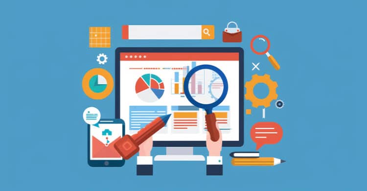 What Is Local SEO? A Complete Guide for Small Businesses 11 Illustration of a desktop monitor showing charts and analytics while hands hold a magnifying glass and a red flashlight over the screen. Search, messaging, gear, and reporting icons around the monitor represent local SEO analysis, optimization, and performance tracking.