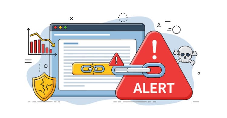 Illustration of a webpage with a broken chain link and a large warning sign that reads "ALERT" surrounded by symbols for declining traffic, security, and risk. This graphic represents technical SEO problems in an SEO strategy, especially issues that can harm links, site health, and search performance.