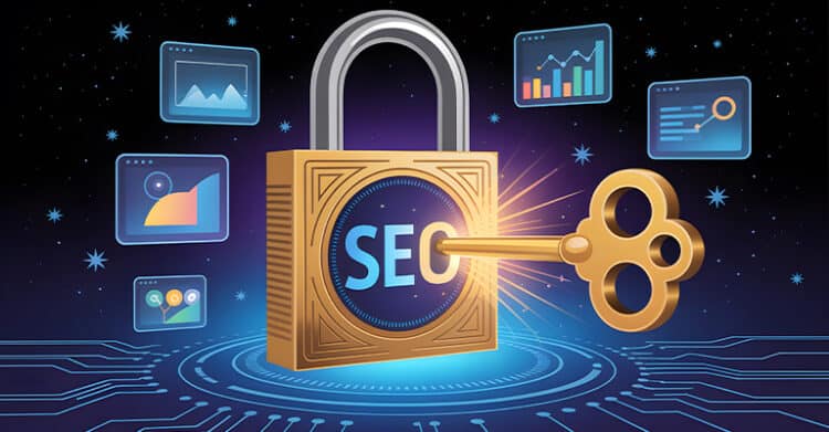 Illustration of a padlock with the text "SEO" in the center as a key turns to unlock it against a digital background with floating analytics and search panels. This graphic represents SEO strategy as the process of unlocking search performance through data visibility and optimization.