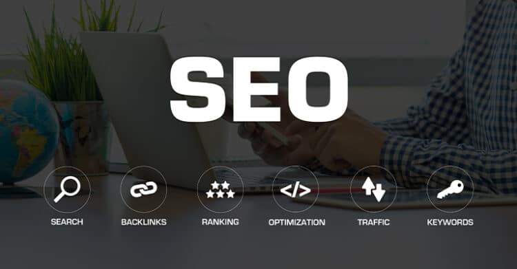 Large text reading "SEO" overlays a person working at a laptop and phone in an office setting. Icons labeled "Search" "Backlinks" "Ranking" "Optimization" "Traffic" and "Keywords" highlight core parts of an SEO strategy.