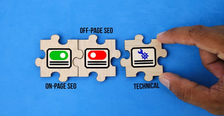 Wooden puzzle pieces on a blue background represent parts of an SEO strategy, with a hand placing the piece labeled "TECHNICAL" next to connected sections. The graphic also includes the text "OFF-PAGE SEO" above the center pieces and "ON-PAGE SEO" below the left pieces.