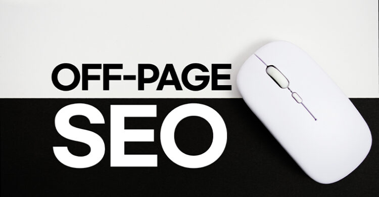 Alt text: Large text reading "OFF-PAGE SEO" appears beside a white computer mouse on a black and white background. This clean graphic represents off page optimization as a key part of an SEO strategy.