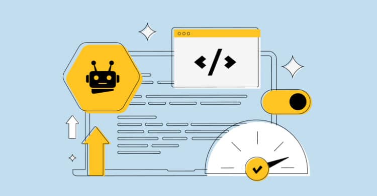 Illustration of a browser window with code symbols, a speed gauge, toggle switch, chatbot icon, and upward arrow on a light blue background. The graphic suggests technical optimization and automation as part of an SEO strategy focused on site performance and development.