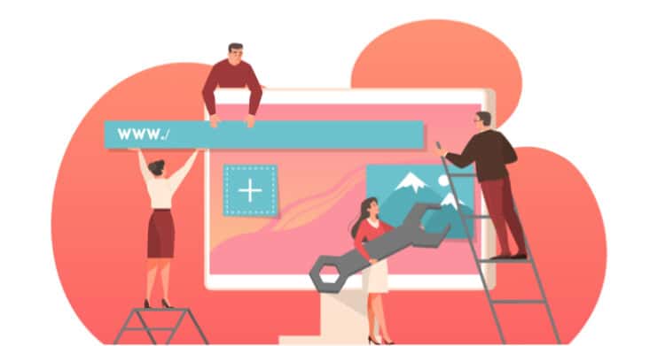 Flat illustration of four people building a webpage with a URL bar, image placeholder, and large wrench around the screen. The scene represents hands on website setup and optimization as part of an SEO strategy.