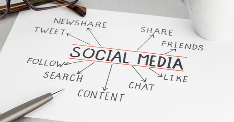 How to Build a Social Media Strategy That Works 3 Paper with the words "SOCIAL MEDIA" underlined in red at the center, surrounded by handwritten terms including "NEWSHARE" "TWEET" "SHARE" "FRIENDS" "LIKE" "CHAT" "CONTENT" "SEARCH" and "FOLLOW." This visual supports a social media strategy by showing the key actions and content elements that shape audience engagement and sharing.