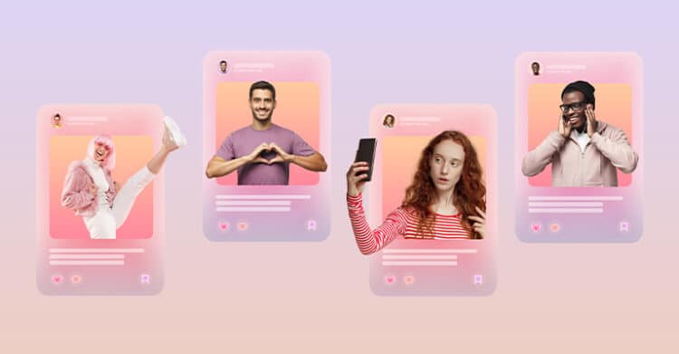 How to Build a Social Media Strategy That Works 6 Young woman holding a phone looks at floating social media profile cards featuring different people posing and reacting. This visual represents a social media strategy by showing user generated content, audience engagement, and personalized content feeds across platforms.