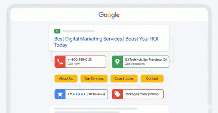 Ad Extensions: Your Guide to Better Google Ads 3 Screenshot of a Google search ad for a digital marketing service. The ad headline reads “Best Digital Marketing Services | Boost Your ROI Today” with clickable options including phone number, address, About Us, Our Services, Case Studies, Contact, star rating of 4.9 from 582 reviews, and pricing starting at $99 per month.