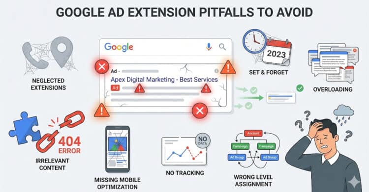 Ad Extensions: Your Guide to Better Google Ads 11 Infographic titled “Google Ad Extension Pitfalls to Avoid,” featuring a broken Google ad surrounded by common mistakes like neglected extensions, outdated settings, overloading with content, 404 errors, irrelevant links, lack of mobile optimization, missing tracking data, and incorrect campaign level assignments. A frustrated man stands in the corner under a rain cloud, symbolizing poor ad performance.
