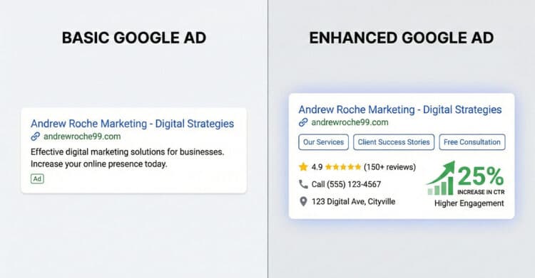 Ad Extensions: Your Guide to Better Google Ads 4 Side-by-side comparison of a basic Google ad and an enhanced Google ad with extensions. The basic ad is minimal with a headline and short description, while the enhanced version includes multiple clickable buttons like Our Services, Client Success Stories, and Free Consultation, along with ratings, phone number, location, and visual icons showing a 25% increase in click-through rate.