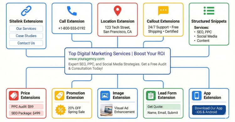 Ad Extensions: Your Guide to Better Google Ads 5 Diagram showing different types of Google ad extensions surrounding a sample ad for a digital marketing service. Extensions include sitelinks, call, location, callout, structured snippets, price, promotion, image, lead form, and app download, each enhancing the ad with extra information like services, contact details, pricing, visuals, and offers.