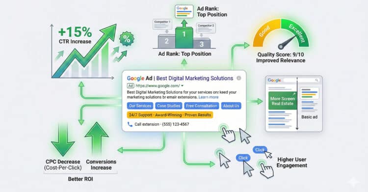 Ad Extensions: Your Guide to Better Google Ads 6 Infographic showing benefits of enhanced Google ads with extensions, including a 15% CTR increase, top ad rank position, and a quality score of 9/10. The ad includes sitelinks, callout extensions, and a call button, leading to lower cost-per-click, increased conversions, more screen visibility, and higher user engagement.