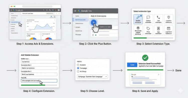 Ad Extensions: Your Guide to Better Google Ads 7 Step-by-step visual guide showing how to add a sitelink extension in Google Ads. It walks through accessing Ads & Extensions, clicking the plus button, selecting the extension type, configuring the sitelink details, choosing the campaign level, and saving the changes with confirmation of successful application.