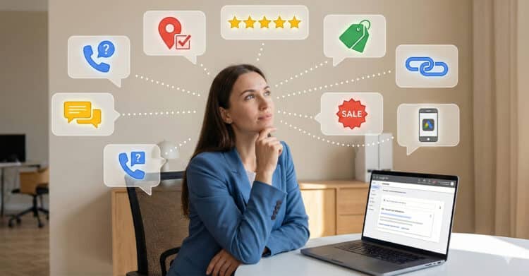 Ad Extensions: Your Guide to Better Google Ads 8 Woman in a blue blazer sits thoughtfully at a desk with a laptop open to the Google Ads dashboard. Around her are floating icons representing different ad extensions, including call, location, reviews, pricing, promotions, links, messages, and mobile apps, symbolizing decision-making in digital advertising strategy.