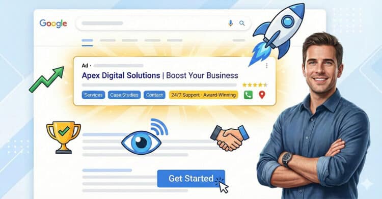 Ad Extensions: Your Guide to Better Google Ads 9 Smiling man in a blue shirt stands next to a stylized Google ad for "Apex Digital Solutions | Boost Your Business" featuring clickable buttons like Services, Case Studies, Contact, and 24/7 Support. Surrounding icons include a rocket, trophy, handshake, and upward arrow, emphasizing growth, trust, and strong digital marketing results.