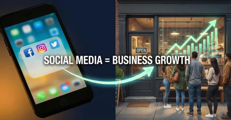 A split-image graphic showing a smartphone with Facebook, Instagram, and Twitter icons on the left, and a busy storefront with a growth chart overlay on the right. Text in the center reads "SOCIAL MEDIA = BUSINESS GROWTH," with an arrow connecting the phone to the store, symbolizing how social media can drive customer traffic and increase revenue.