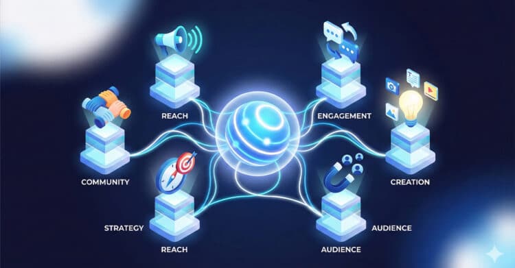 A glowing digital diagram featuring a central sphere connected to six pillars labeled Strategy, Community, Reach, Engagement, Creation, and Audience. Each pillar is illustrated with themed icons like a compass, megaphone, chat bubbles, light bulb, and magnet, visually mapping out the interconnected elements of a successful digital marketing or social media ecosystem.