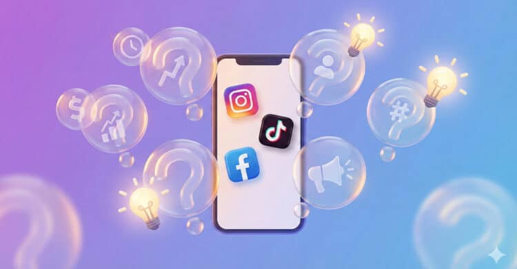 A smartphone surrounded by floating icons for Instagram, TikTok, and Facebook, with translucent question mark bubbles and light bulbs symbolizing ideas and uncertainties in social media marketing. The background features soft gradients of purple and blue, conveying a creative, exploratory atmosphere around digital strategy.