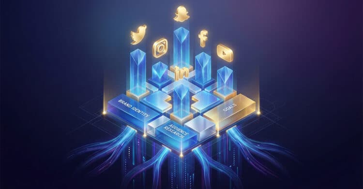 Futuristic 3D illustration of a digital marketing strategy hub with glowing blue pillars representing social media platforms like Twitter, Instagram, Snapchat, LinkedIn, Facebook, and YouTube. The base is labeled with foundational elements: Brand Identity, Audience Research, and Goals, with neon-like data streams flowing upward to support platform growth.