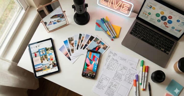 A content creator’s workspace featuring a tablet displaying an Instagram grid, a smartphone with a TikTok video, printed photos, storyboard sketches, colorful markers, a laptop with a strategy chart, a microphone, and a neon "LIVE" sign. The setup highlights tools and planning materials used for social media content creation and digital marketing.