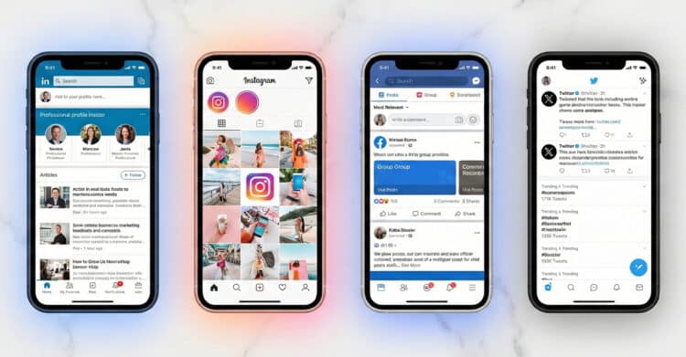 Four smartphones display the home screens of LinkedIn, Instagram, Facebook, and Twitter, showcasing different styles of social media feeds. The image emphasizes platform variety and user engagement, highlighting how each network supports different content formats and audience interactions.