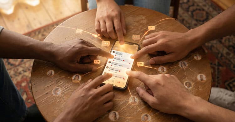 Multiple hands reach toward a smartphone displaying a social media comment thread with hearts and replies, symbolizing digital engagement. Orange chat bubbles and a glowing network of profile icons extend from the phone across the wooden table, representing interconnected online communities and active social interaction.