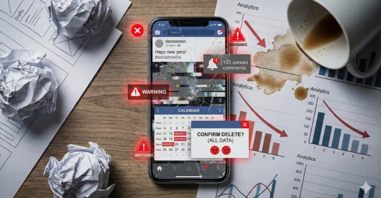 A chaotic digital marketing scene with a cracked smartphone displaying social media glitches, a broken content calendar, and warning signs like “105 unread comments” and “Confirm Delete? (All Data).” Surrounding it are crumpled papers, downward-trending analytics charts, and a spilled coffee cup, symbolizing disorganized strategy and digital burnout.