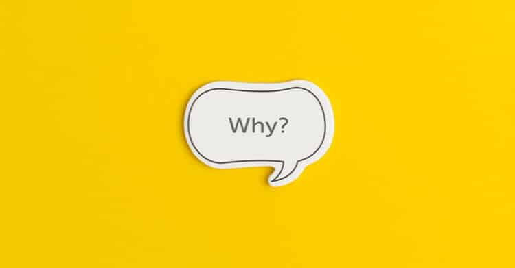 Speech bubble cutout on a bright yellow background with the word Why in the center. Minimal graphic that suggests asking questions or exploring reasons behind a topic.