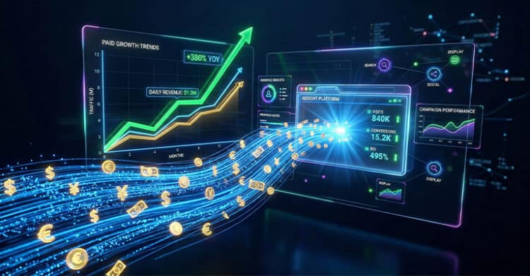 Digital dashboard scene with neon analytics screens showing rising growth charts and campaign performance metrics. Streams of glowing currency symbols and coins flow across the foreground to symbolize revenue increasing from marketing data.