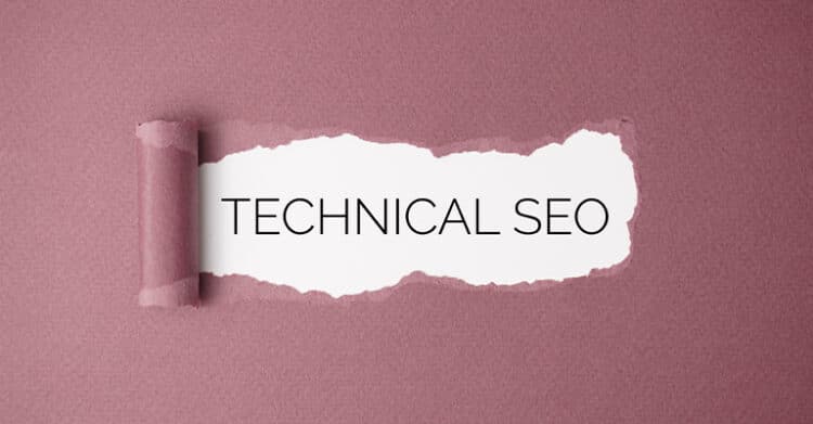 Torn paper effect on a muted pink background revealing the words TECHNICAL SEO in black. Minimal graphic that represents a focus on technical SEO improvements.