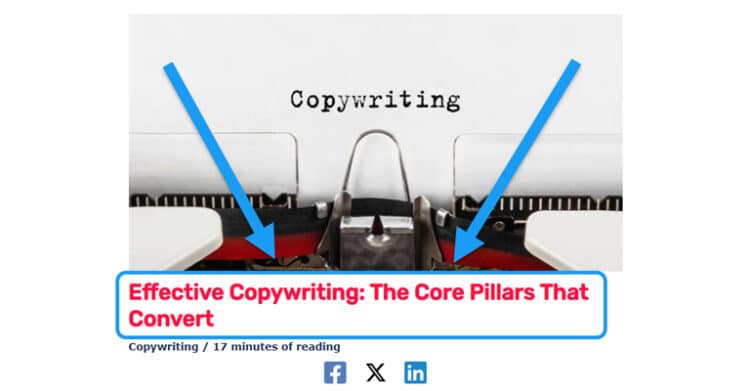 How to Write Blog Titles that Earn Clicks (A Complete Guide) 3 Screenshot of a blog post header with a typewriter image labeled "Copywriting" above the title "Effective Copywriting: The Core Pillars That Convert." Blue arrows point to the headline, making this a strong visual for a post about Blog Titles and how clear, benefit driven headlines attract clicks.