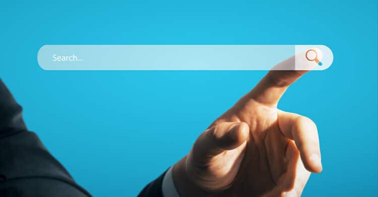 How to Write Blog Titles that Earn Clicks (A Complete Guide) 5 Hand reaching toward a search bar with the placeholder text "Search..." and a magnifying glass icon on a bright blue background. This visual works for a post about Blog Titles by connecting strong headlines with search intent and the way readers look for answers online.