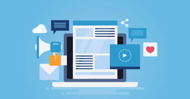 A flat illustration shows a laptop displaying digital content surrounded by icons for a megaphone, video, chat bubbles, sharing, and social engagement on a blue background. This graphic supports content marketing strategies by showing how content is created, promoted, and shared across digital channels.