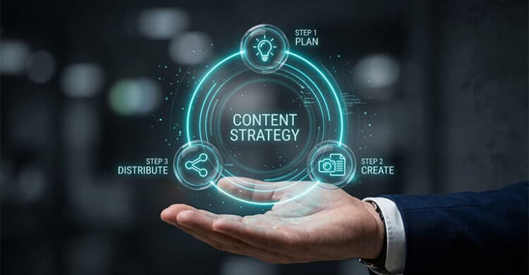 A hand presents a glowing digital interface labeled "CONTENT STRATEGY" with the steps "STEP 1 PLAN" "STEP 2 CREATE" and "STEP 3 DISTRIBUTE" against a dark blurred background. This visual supports content marketing strategies by showing a structured process for planning, creating, and sharing content.