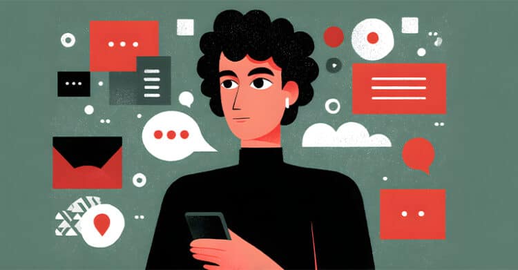 A stylized person holds a smartphone while surrounded by speech bubbles, message cards, and social icons on a muted green background. This illustration supports content marketing strategies by showing audience communication, messaging, and digital engagement across channels.