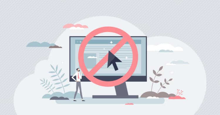 A large computer screen is crossed out with a bold no symbol while a small figure stands nearby on a soft gray illustrated background. This graphic can support content marketing strategies by representing actions to avoid such as intrusive tactics, poor user experience, or ineffective digital practices.