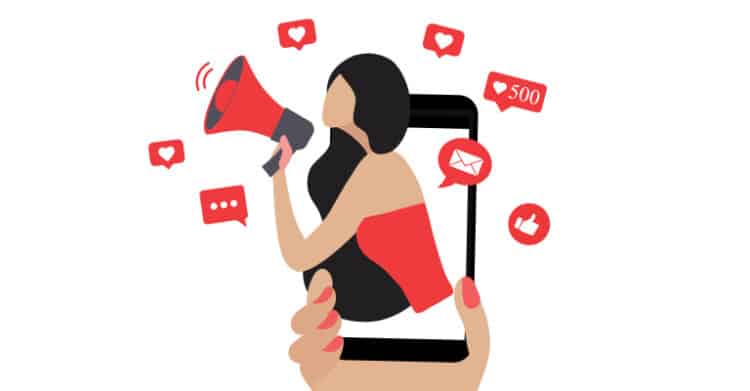 Illustration of a woman on a smartphone screen speaking into a red megaphone while social notifications float around her, including hearts, a thumbs up, a message bubble, an envelope, and "500". The icons highlight influencer marketing and driving engagement through social media posts.