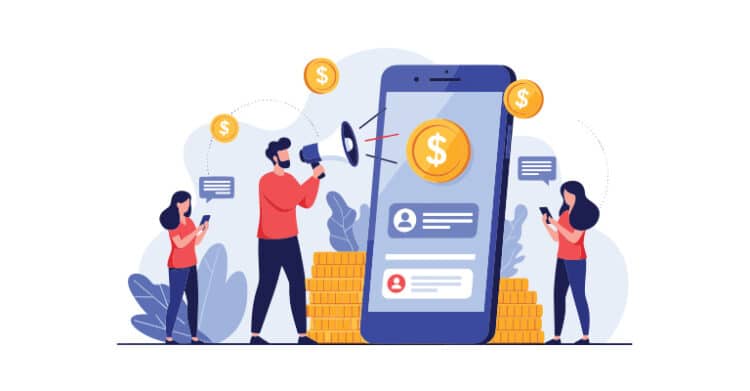 Illustrated influencer marketing scene with a large smartphone showing a social profile while a man speaks into a megaphone and two women look at their phones. Stacks of coins and floating dollar symbols suggest earning money from sponsored social media posts.