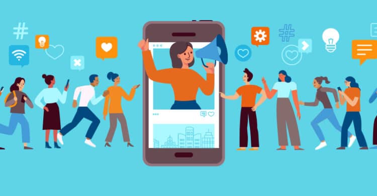 Illustration of influencer marketing with a woman on a smartphone screen speaking through a megaphone while groups of people gather on both sides. Social media icons like hearts, hashtags, chat bubbles, and light bulbs float around the scene.