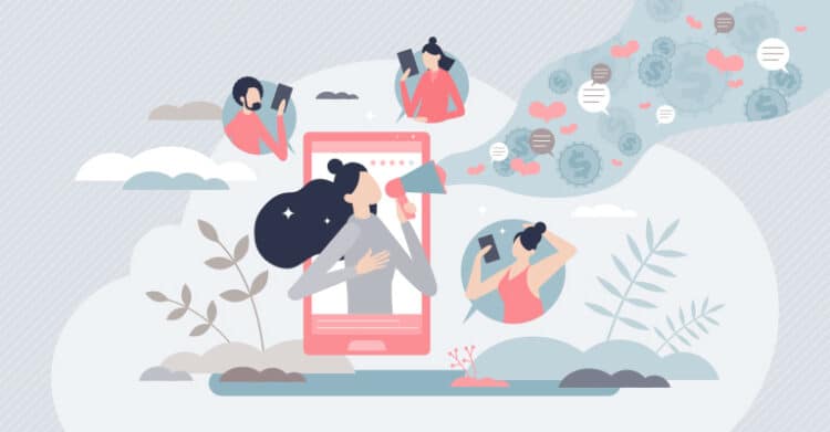 Illustration of a creator holding a megaphone in front of a large smartphone while smaller figures take selfies and scroll on their phones around it. Floating hearts, chat bubbles, and dollar symbols show influencer marketing engagement and monetization on social media.
