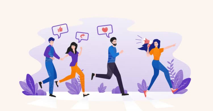 Illustration of people running toward a woman holding a megaphone while social icons float above them, including a thumbs up and a heart. The scene represents influencer marketing and how creators drive engagement and attention on social platforms.
