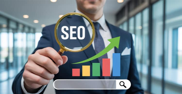 A business professional holds a magnifying glass with the text "SEO" over a blurred office background. A rising bar chart, upward green arrow, and search bar graphic show SEO strategy as a way to increase visibility and business growth.