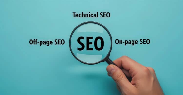 A hand holds a magnifying glass over the word "SEO" with the labels "Technical SEO" "Off-page SEO" and "On-page SEO" arranged around it on a blue background. This graphic shows the main parts of an SEO strategy and frames them as connected areas of search optimization.