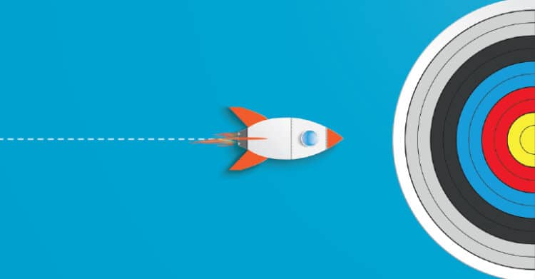 A paper rocket speeds across a blue background toward a colorful bullseye target on the right. This graphic represents SEO strategy as a focused effort to reach the right audience and hit specific marketing goals.