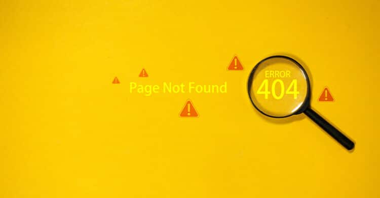 A magnifying glass highlights the text "ERROR 404" on a bright yellow background next to the words "Page Not Found" and several warning icons. This graphic represents a broken page in an SEO strategy and points to technical issues that can hurt user experience and search performance.