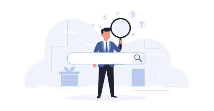 Flat illustration of a person in a suit holding a magnifying glass above a blank search bar, with question marks floating around their head. This graphic represents SEO strategy as a process of research, search intent analysis, and finding the right keywords.